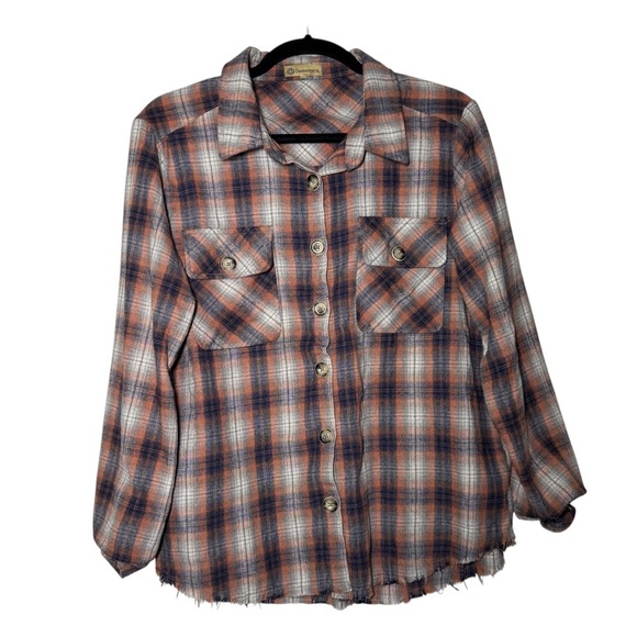 Democracy Tops - Democracy Plaid Button Up Flannel Shirt Orange Raw Hem Size Small Pockets